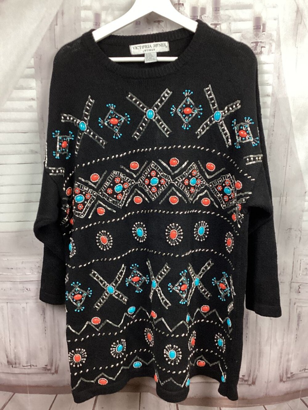 Victoria Jones Black Southwestern Heavily Beaded Sweater 2X